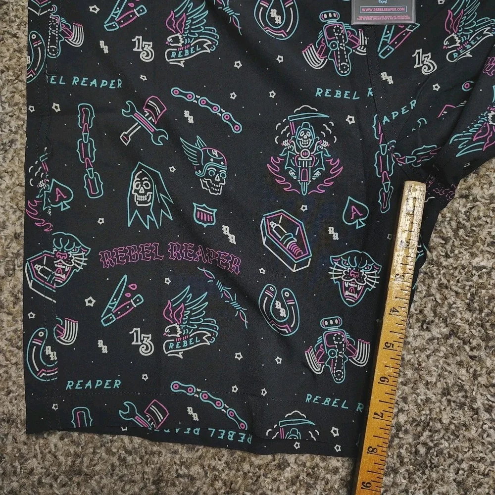 Rebel Reaper Boardshorts Swim Trunks Men 3XL Black Shorts Tattoo Print Biker NEW